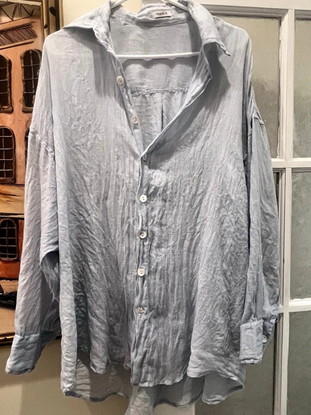 Vitamin A Playa Linen Boyfriend Shirt Linen Button Down Blue Small